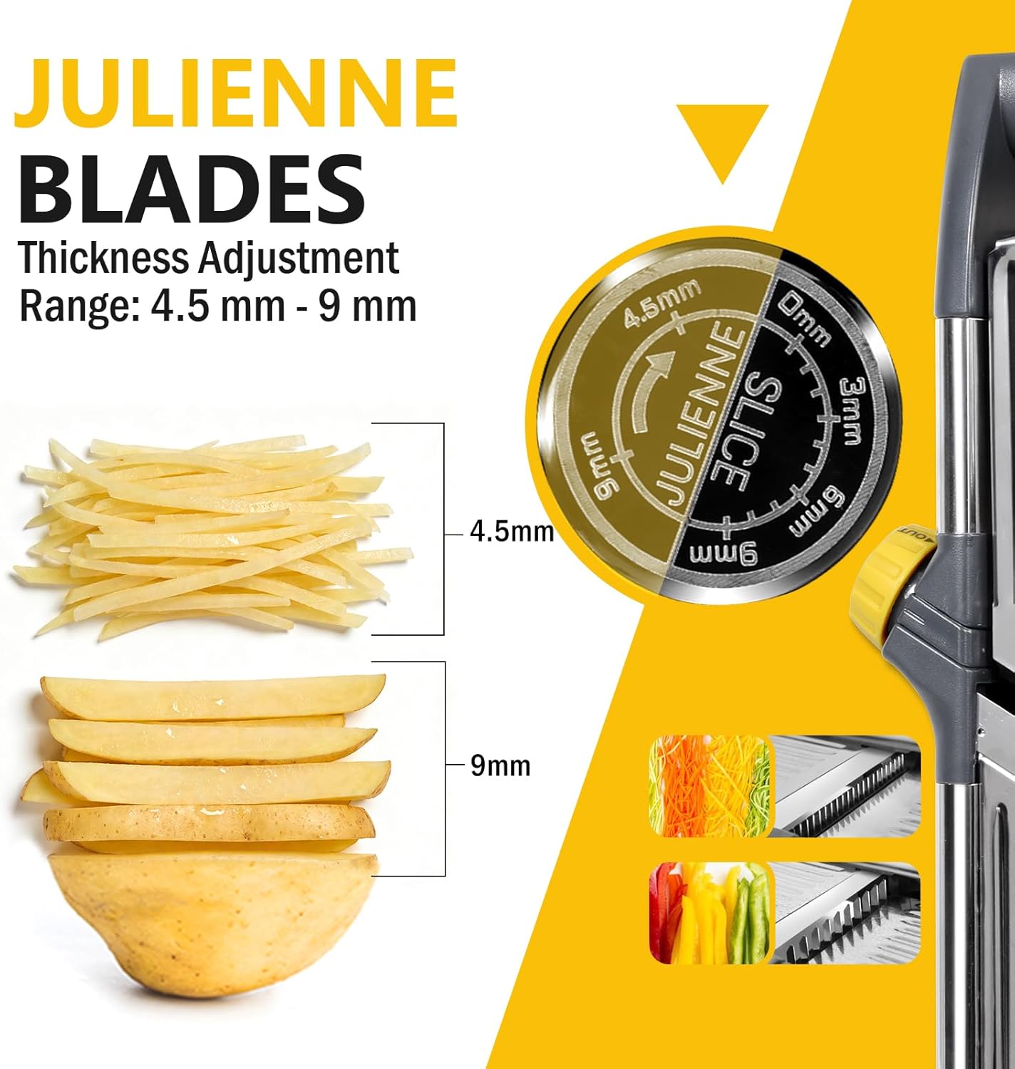 Adjustable Mandoline Slicer, Thin to 9mm Slice, 4.5mm & 9mm Julienne - Vegetable Cutter for Potato Carrot Onion - Stainless Steel - with Glove & Brush (Red)