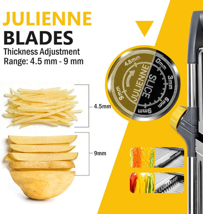Adjustable Mandoline Slicer, Thin to 9mm Slice, 4.5mm & 9mm Julienne - Vegetable Cutter for Potato Carrot Onion - Stainless Steel - with Glove & Brush (Red)