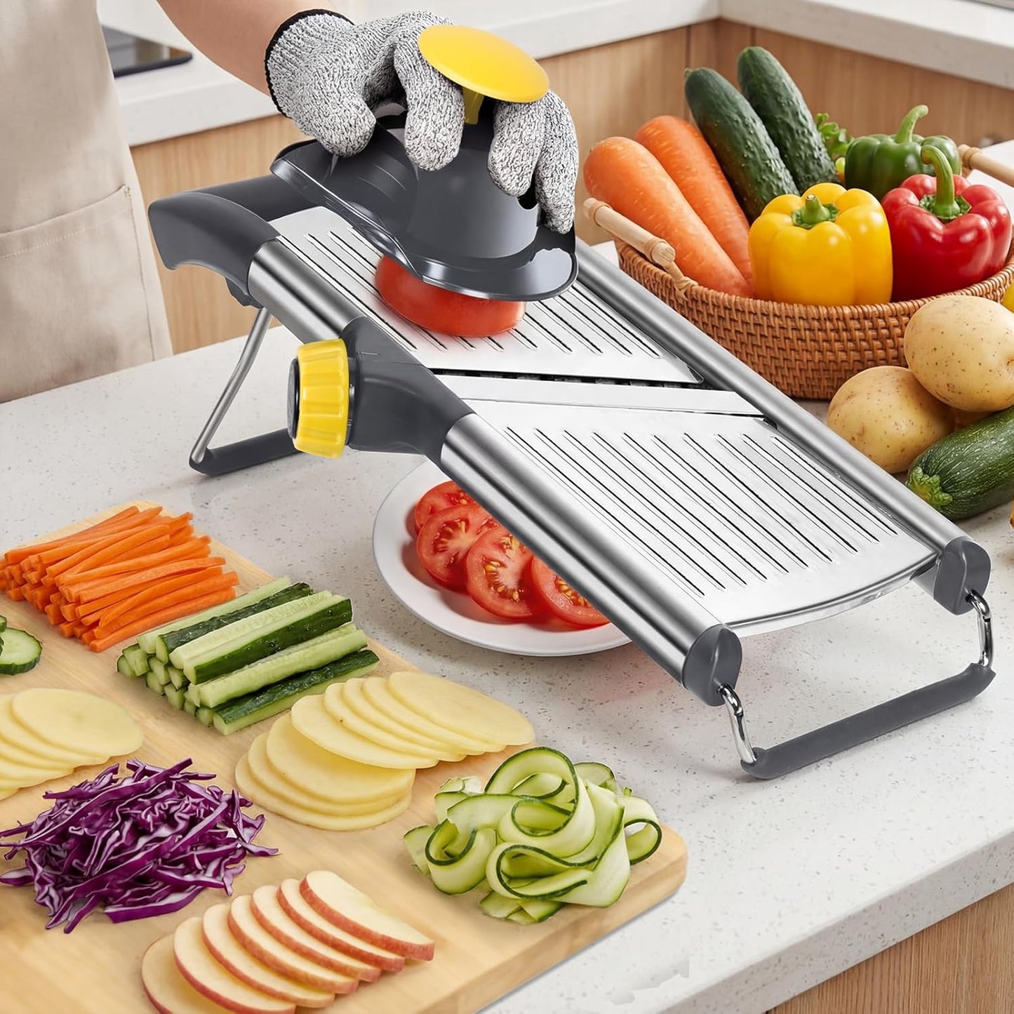 Adjustable Mandoline Slicer, Thin to 9mm Slice, 4.5mm & 9mm Julienne - Vegetable Cutter for Potato Carrot Onion - Stainless Steel - with Glove & Brush (Red)