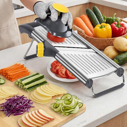 Adjustable Mandoline Slicer, Thin to 9mm Slice, 4.5mm & 9mm Julienne - Vegetable Cutter for Potato Carrot Onion - Stainless Steel - with Glove & Brush (Red)