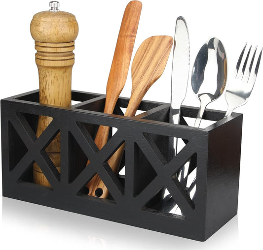 Wooden Silverware Holder Flatware Utensil Caddy Cutlery Holder for Party Wood Silverware Organizer Caddy Storage for Kitchen Countertop Table Knife Fork Spoon Organizer Small Utensil Holders