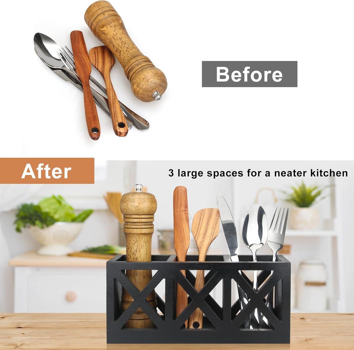 Wooden Silverware Holder Flatware Utensil Caddy Cutlery Holder for Party Wood Silverware Organizer Caddy Storage for Kitchen Countertop Table Knife Fork Spoon Organizer Small Utensil Holders