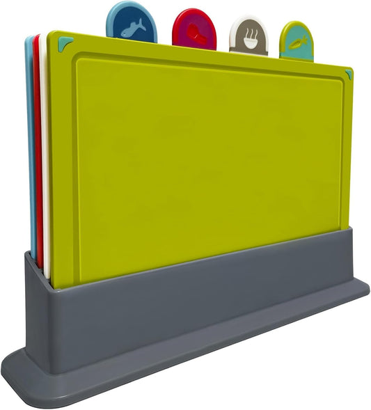 Plastic Cutting Board, Set of 4 with Storage Stand,Color Coded Food Icon with Holder