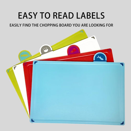 Plastic Cutting Board, Set of 4 with Storage Stand,Color Coded Food Icon with Holder
