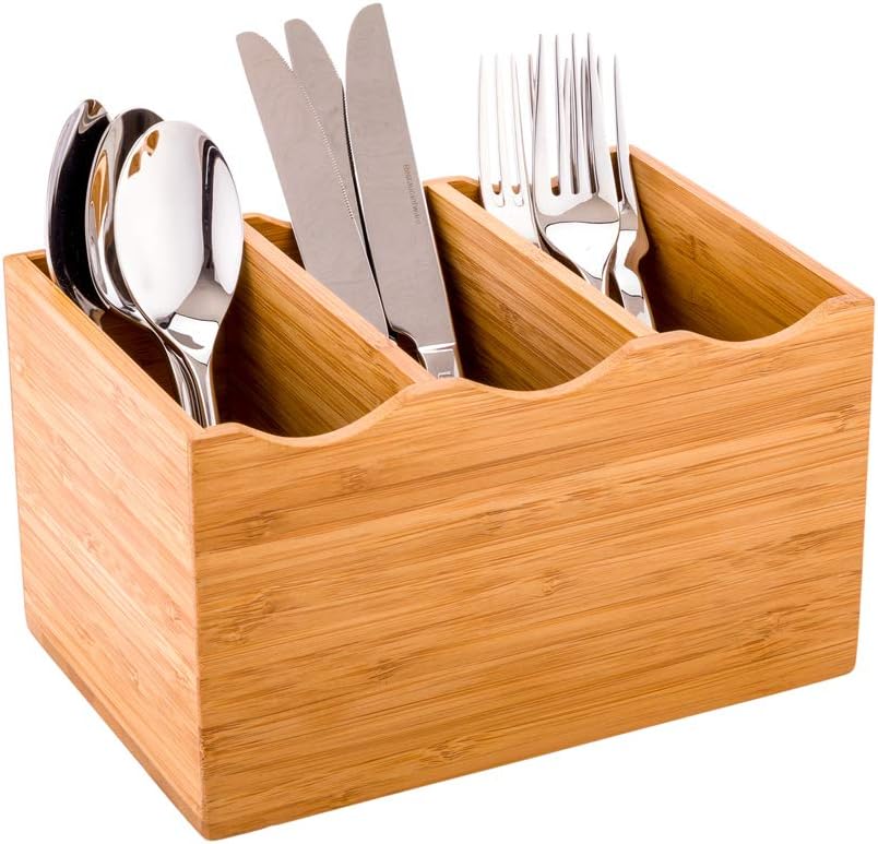 8.25 x 5.5 x 4.75 Inch Flatware Display 1 Countertop Buffet Utensil Caddy - 3 Compartment For Parties Picnics Homes or Restaurants Natural Bamboo Cutlery Holder Upright
