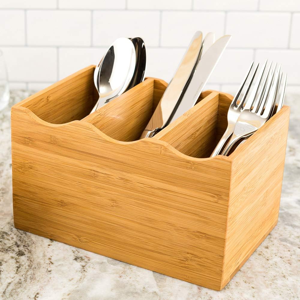 8.25 x 5.5 x 4.75 Inch Flatware Display 1 Countertop Buffet Utensil Caddy - 3 Compartment For Parties Picnics Homes or Restaurants Natural Bamboo Cutlery Holder Upright