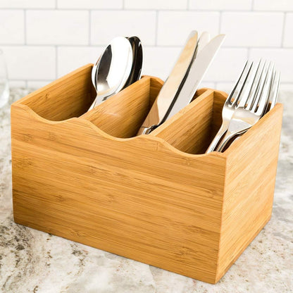 8.25 x 5.5 x 4.75 Inch Flatware Display 1 Countertop Buffet Utensil Caddy - 3 Compartment For Parties Picnics Homes or Restaurants Natural Bamboo Cutlery Holder Upright