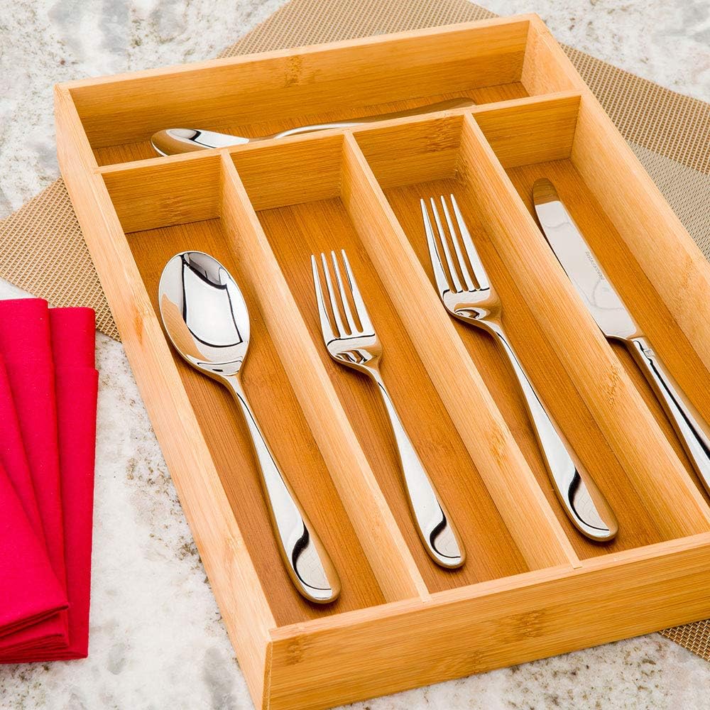 8.25 x 5.5 x 4.75 Inch Flatware Display 1 Countertop Buffet Utensil Caddy - 3 Compartment For Parties Picnics Homes or Restaurants Natural Bamboo Cutlery Holder Upright