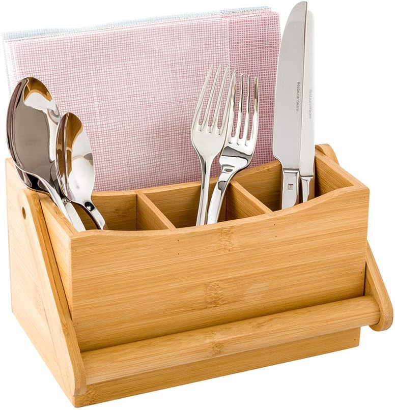 8.25 x 5.5 x 4.75 Inch Flatware Display 1 Countertop Buffet Utensil Caddy - 3 Compartment For Parties Picnics Homes or Restaurants Natural Bamboo Cutlery Holder Upright
