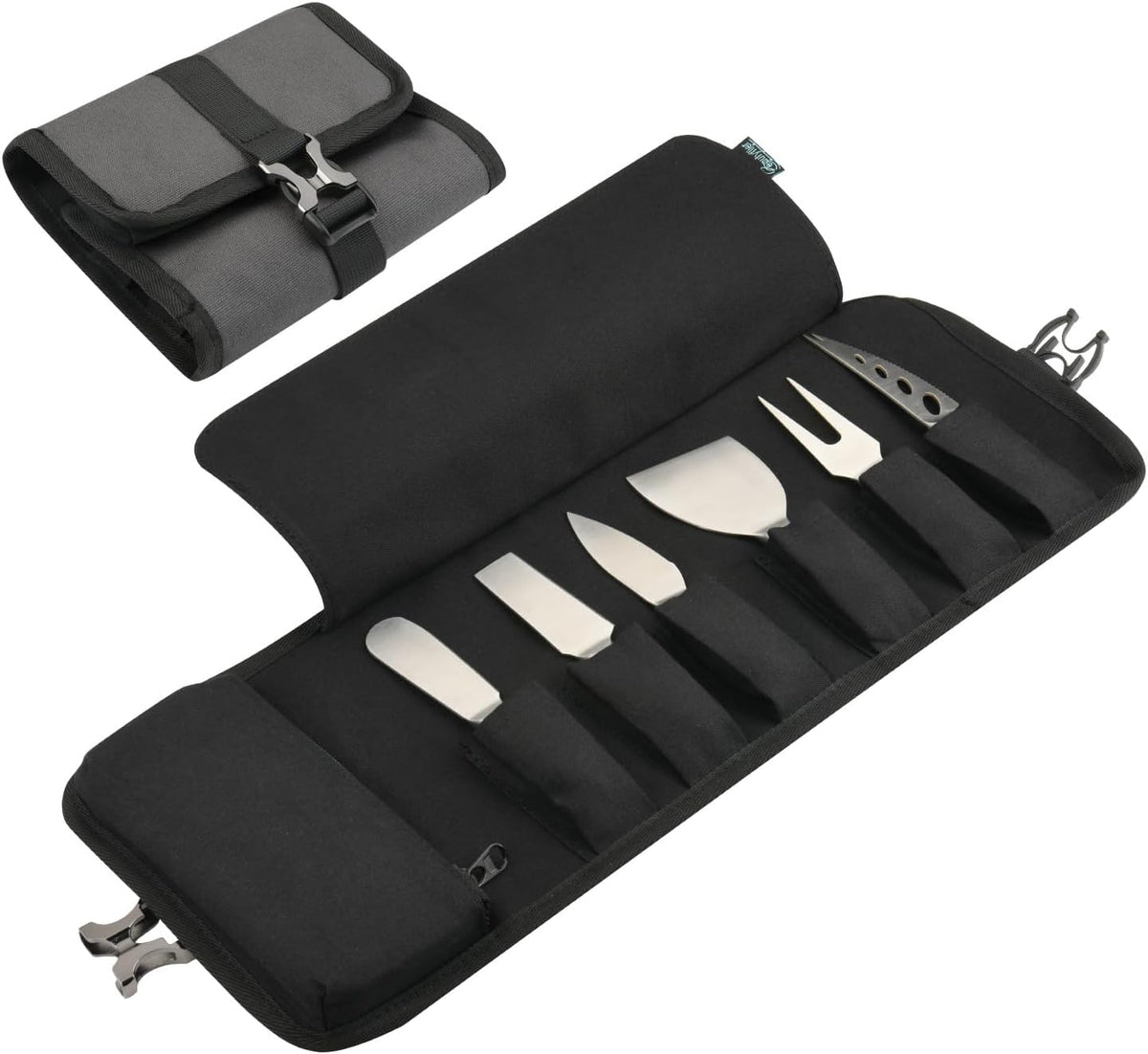 Cheese Knives Roll Bag, Mini Cheese Knife Set Roll Case - 6 Knife Slots and a Zipper Pocket, Canvas Chef Knife Roll Bag for Travel Party and Holiday Cheese Serving, Gray (Bag Only)