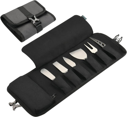 Cheese Knives Roll Bag, Mini Cheese Knife Set Roll Case - 6 Knife Slots and a Zipper Pocket, Canvas Chef Knife Roll Bag for Travel Party and Holiday Cheese Serving, Gray (Bag Only)