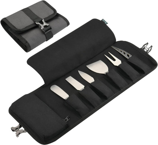 Cheese Knives Roll Bag, Mini Cheese Knife Set Roll Case - 6 Knife Slots and a Zipper Pocket, Canvas Chef Knife Roll Bag for Travel Party and Holiday Cheese Serving, Gray (Bag Only)