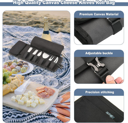 Cheese Knives Roll Bag, Mini Cheese Knife Set Roll Case - 6 Knife Slots and a Zipper Pocket, Canvas Chef Knife Roll Bag for Travel Party and Holiday Cheese Serving, Gray (Bag Only)