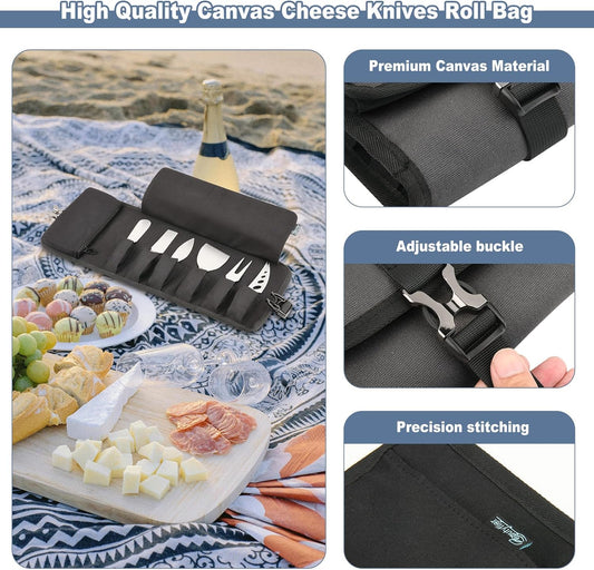 Cheese Knives Roll Bag, Mini Cheese Knife Set Roll Case - 6 Knife Slots and a Zipper Pocket, Canvas Chef Knife Roll Bag for Travel Party and Holiday Cheese Serving, Gray (Bag Only)