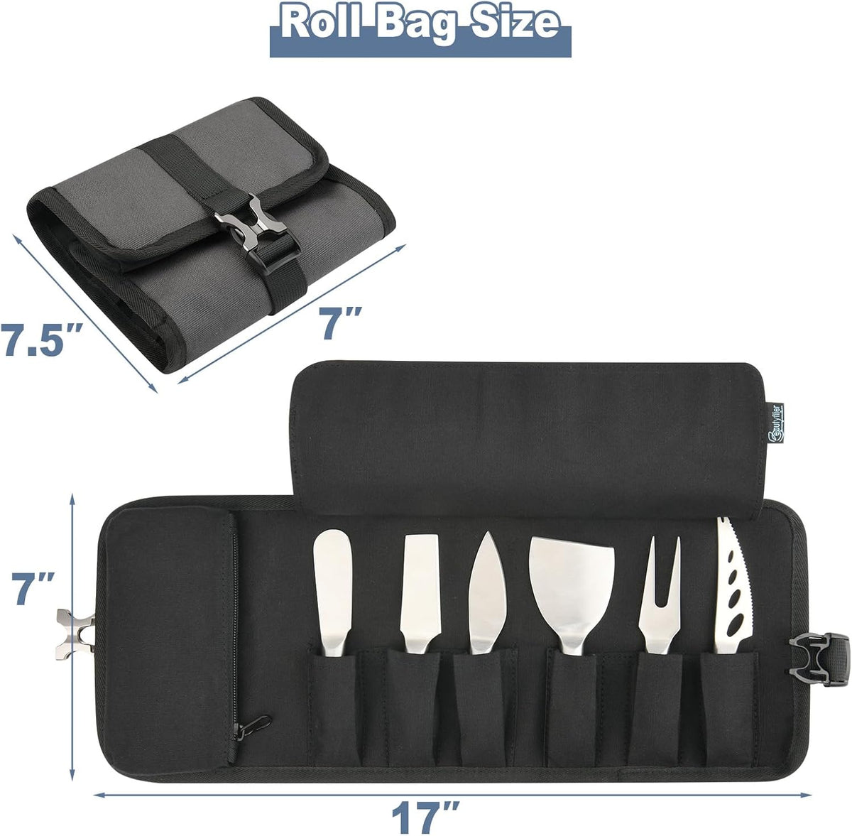 Cheese Knives Roll Bag, Mini Cheese Knife Set Roll Case - 6 Knife Slots and a Zipper Pocket, Canvas Chef Knife Roll Bag for Travel Party and Holiday Cheese Serving, Gray (Bag Only)