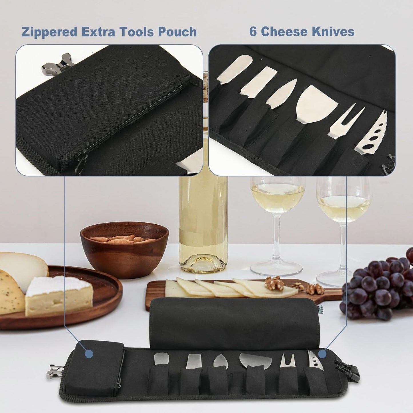 Cheese Knives Roll Bag, Mini Cheese Knife Set Roll Case - 6 Knife Slots and a Zipper Pocket, Canvas Chef Knife Roll Bag for Travel Party and Holiday Cheese Serving, Gray (Bag Only)