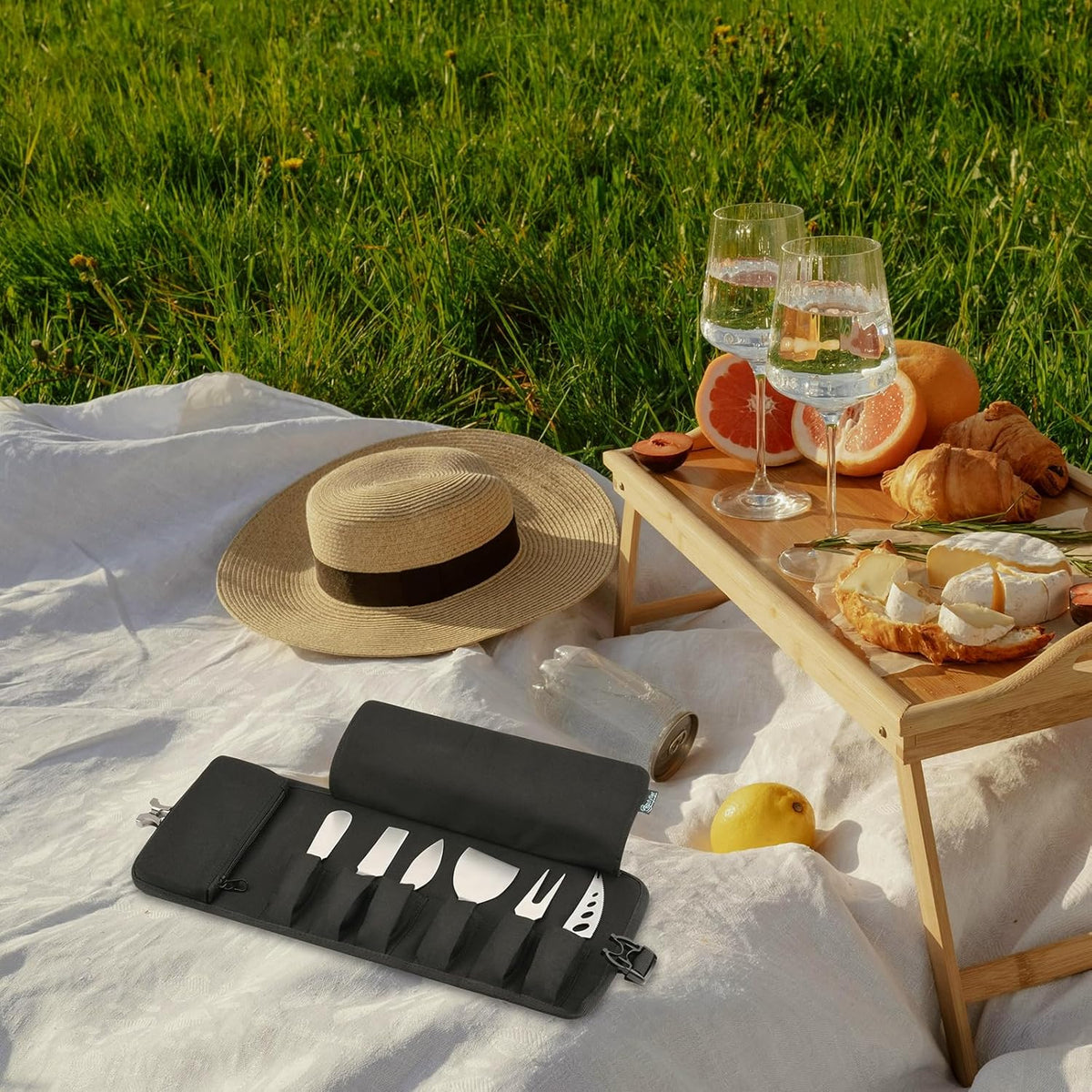 Cheese Knives Roll Bag, Mini Cheese Knife Set Roll Case - 6 Knife Slots and a Zipper Pocket, Canvas Chef Knife Roll Bag for Travel Party and Holiday Cheese Serving, Gray (Bag Only)