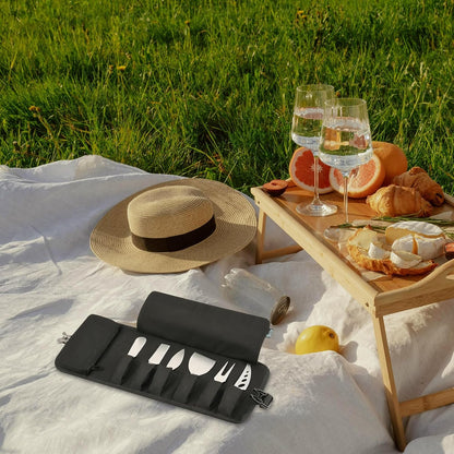 Cheese Knives Roll Bag, Mini Cheese Knife Set Roll Case - 6 Knife Slots and a Zipper Pocket, Canvas Chef Knife Roll Bag for Travel Party and Holiday Cheese Serving, Gray (Bag Only)