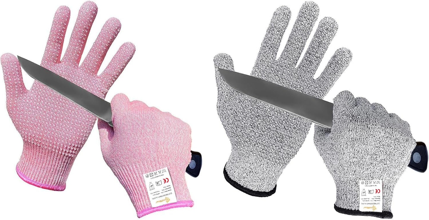 Cutting Gloves Level 5 Cut Resistant, Food Safe Gloves with Non-Slip Grip for Kitchen, Meat Cutting & Mandoline Use, 2 Pairs (S, Pink+Gray)