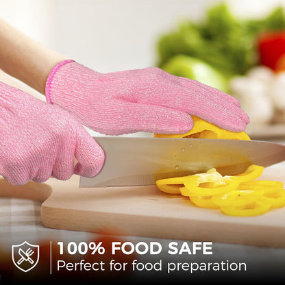 Cutting Gloves Level 5 Cut Resistant, Food Safe Gloves with Non-Slip Grip for Kitchen, Meat Cutting & Mandoline Use, 2 Pairs (S, Pink+Gray)