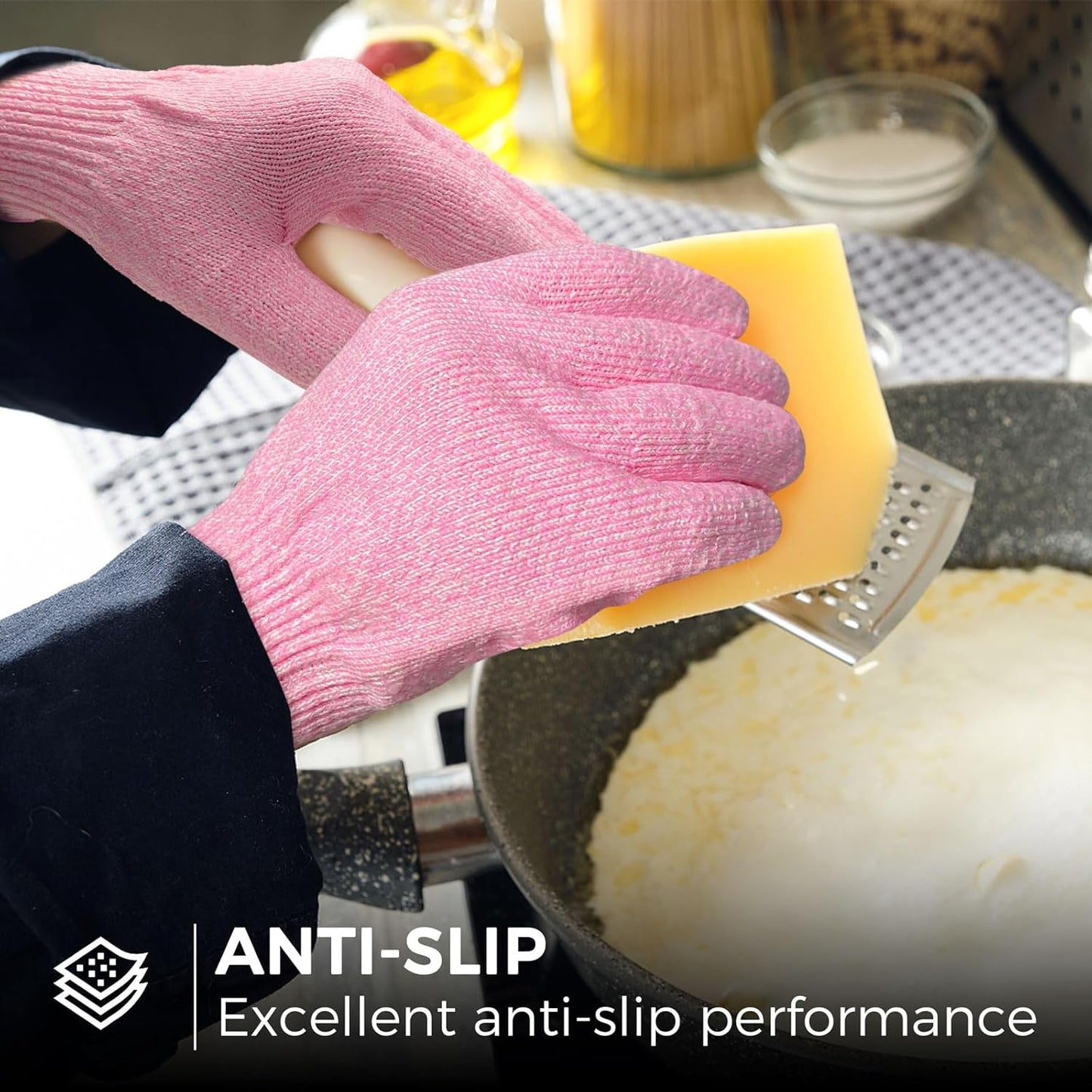 Cutting Gloves Level 5 Cut Resistant, Food Safe Gloves with Non-Slip Grip for Kitchen, Meat Cutting & Mandoline Use, 2 Pairs (S, Pink+Gray)