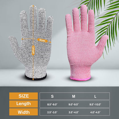 Cutting Gloves Level 5 Cut Resistant, Food Safe Gloves with Non-Slip Grip for Kitchen, Meat Cutting & Mandoline Use, 2 Pairs (S, Pink+Gray)