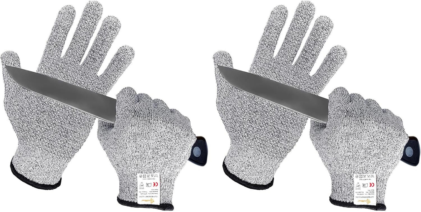 Cutting Gloves Level 5 Cut Resistant, Food Safe Gloves with Non-Slip Grip for Kitchen, Meat Cutting & Mandoline Use, 2 Pairs (S, Pink+Gray)