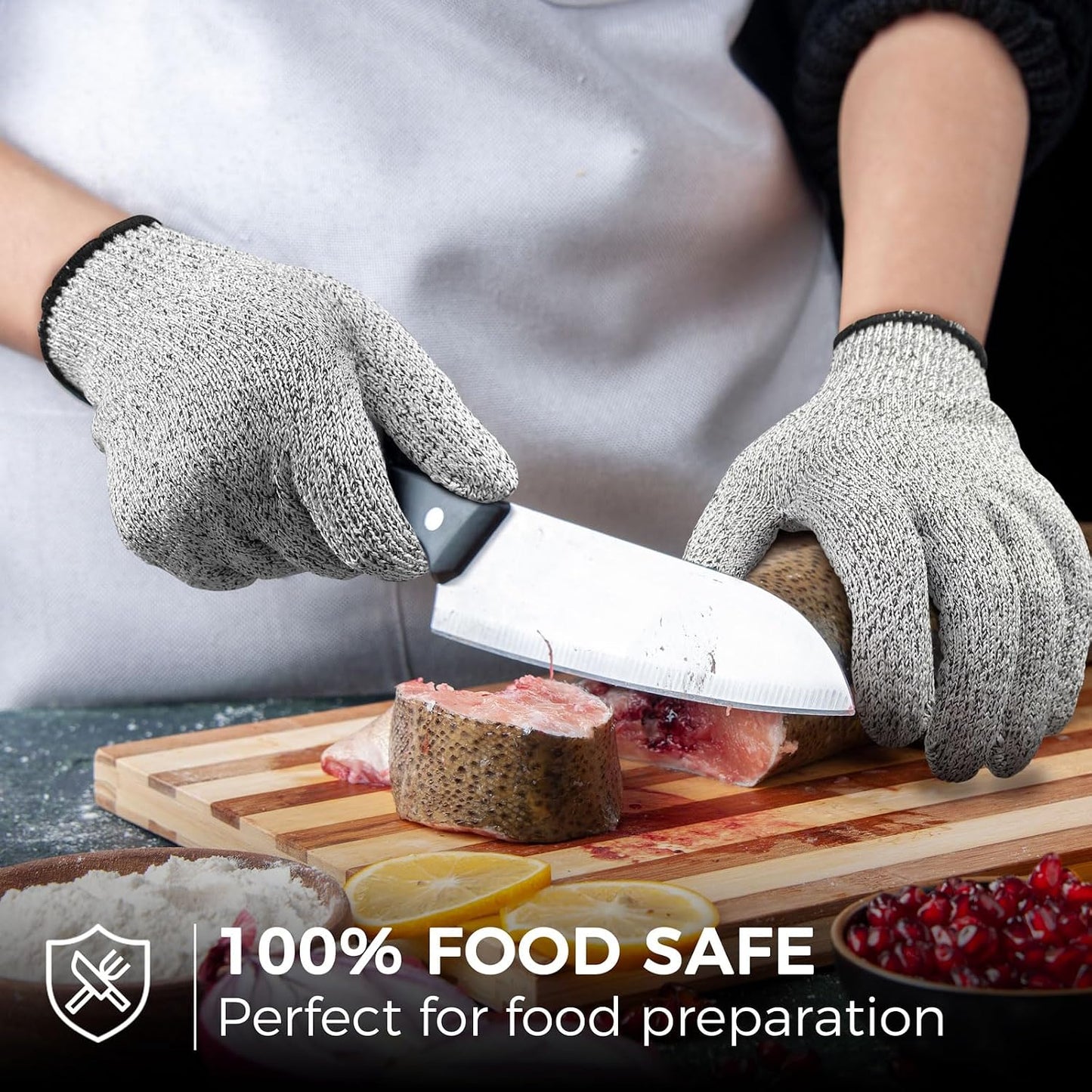 Cutting Gloves Level 5 Cut Resistant, Food Safe Gloves with Non-Slip Grip for Kitchen, Meat Cutting & Mandoline Use, 2 Pairs (S, Pink+Gray)