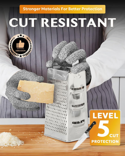 Cutting Gloves Level 5 Cut Resistant, Food Safe Gloves with Non-Slip Grip for Kitchen, Meat Cutting & Mandoline Use, 2 Pairs (S, Pink+Gray)