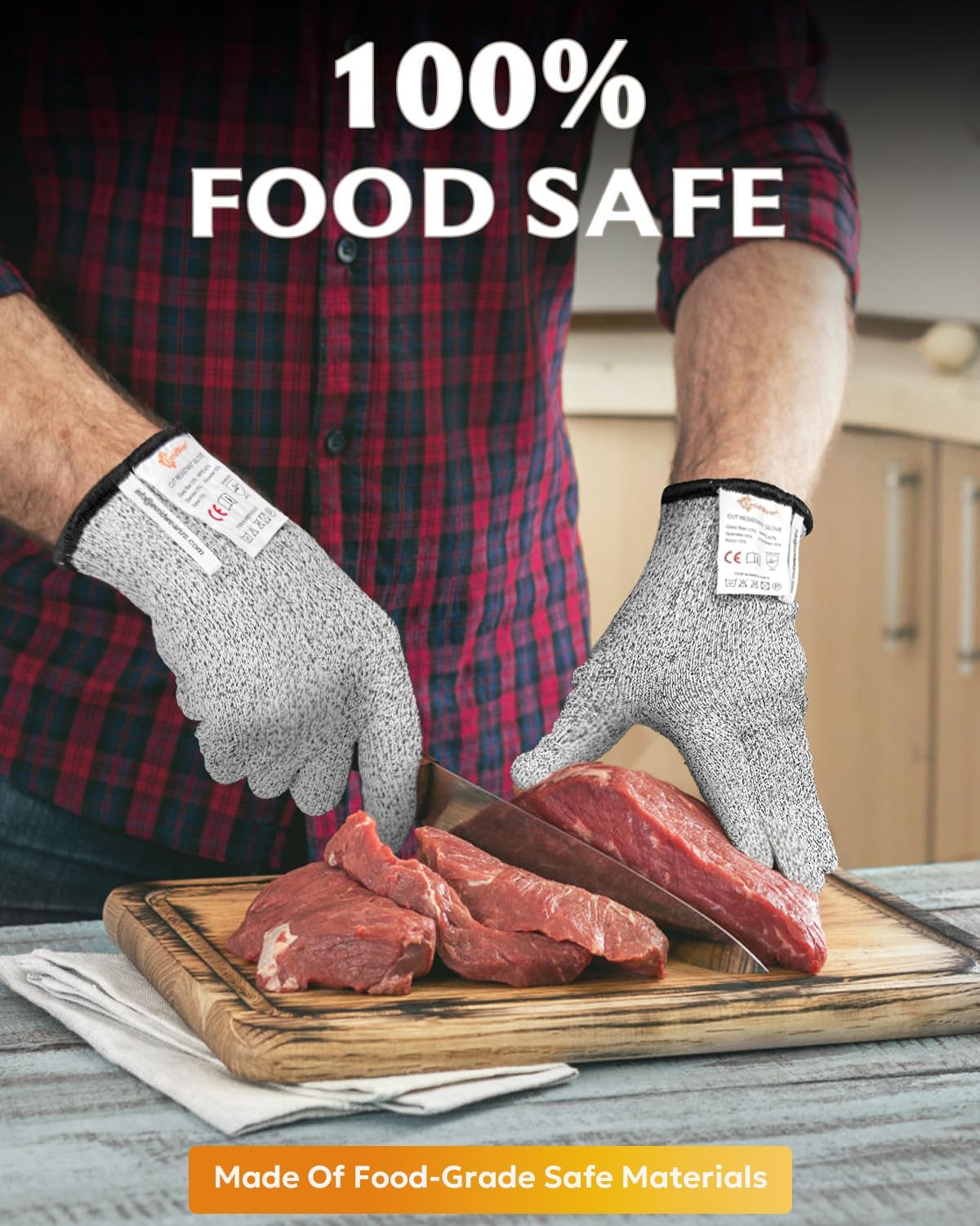 Cutting Gloves Level 5 Cut Resistant, Food Safe Gloves with Non-Slip Grip for Kitchen, Meat Cutting & Mandoline Use, 2 Pairs (S, Pink+Gray)