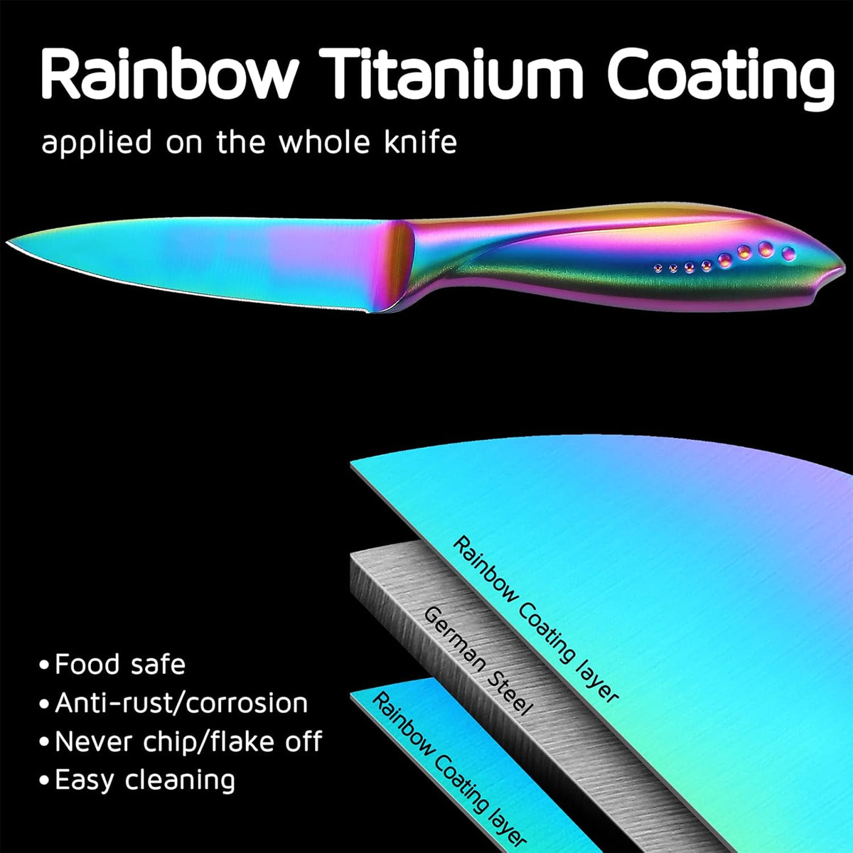 Rainbow Paring Knife 3.5 Inch , Super Sharp Fine Edge Fruit Peeling Knife with German Stainless Steel Forged Blade and Beautiful Titanium Coating – Small Ergonomic Handle Kitchen Cutting Knife