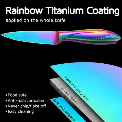 Rainbow Paring Knife 3.5 Inch , Super Sharp Fine Edge Fruit Peeling Knife with German Stainless Steel Forged Blade and Beautiful Titanium Coating – Small Ergonomic Handle Kitchen Cutting Knife