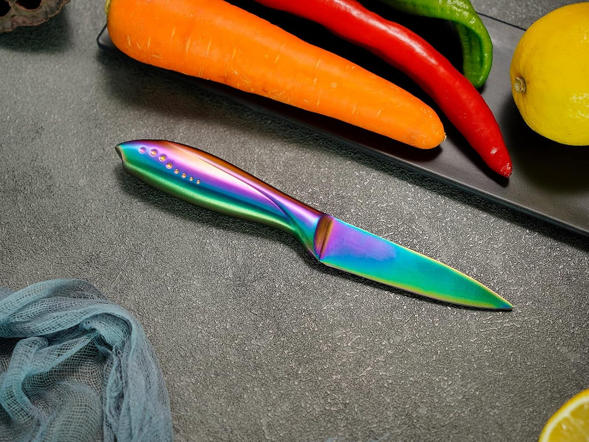 Rainbow Paring Knife 3.5 Inch , Super Sharp Fine Edge Fruit Peeling Knife with German Stainless Steel Forged Blade and Beautiful Titanium Coating – Small Ergonomic Handle Kitchen Cutting Knife