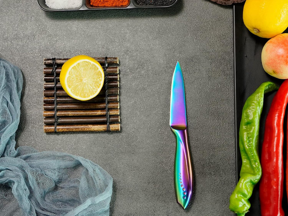 Rainbow Paring Knife 3.5 Inch , Super Sharp Fine Edge Fruit Peeling Knife with German Stainless Steel Forged Blade and Beautiful Titanium Coating – Small Ergonomic Handle Kitchen Cutting Knife