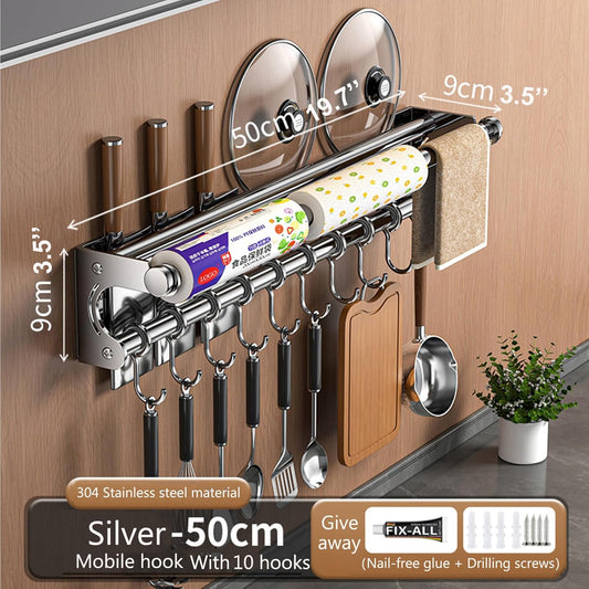 Hanging Wall Mount knife Wall Mount, Space-Saving Knife Rack with Hooks, Kitchen Organizer Storage Shelf for Utensils Spatula Spoon, Kitchen Utensil Hanger (Silver, 50CM+10Hooks)