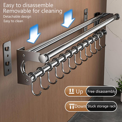 Hanging Wall Mount knife Wall Mount, Space-Saving Knife Rack with Hooks, Kitchen Organizer Storage Shelf for Utensils Spatula Spoon, Kitchen Utensil Hanger (Silver, 50CM+10Hooks)