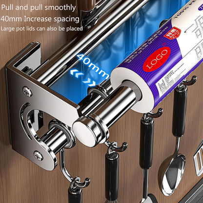 Hanging Wall Mount knife Wall Mount, Space-Saving Knife Rack with Hooks, Kitchen Organizer Storage Shelf for Utensils Spatula Spoon, Kitchen Utensil Hanger (Silver, 50CM+10Hooks)
