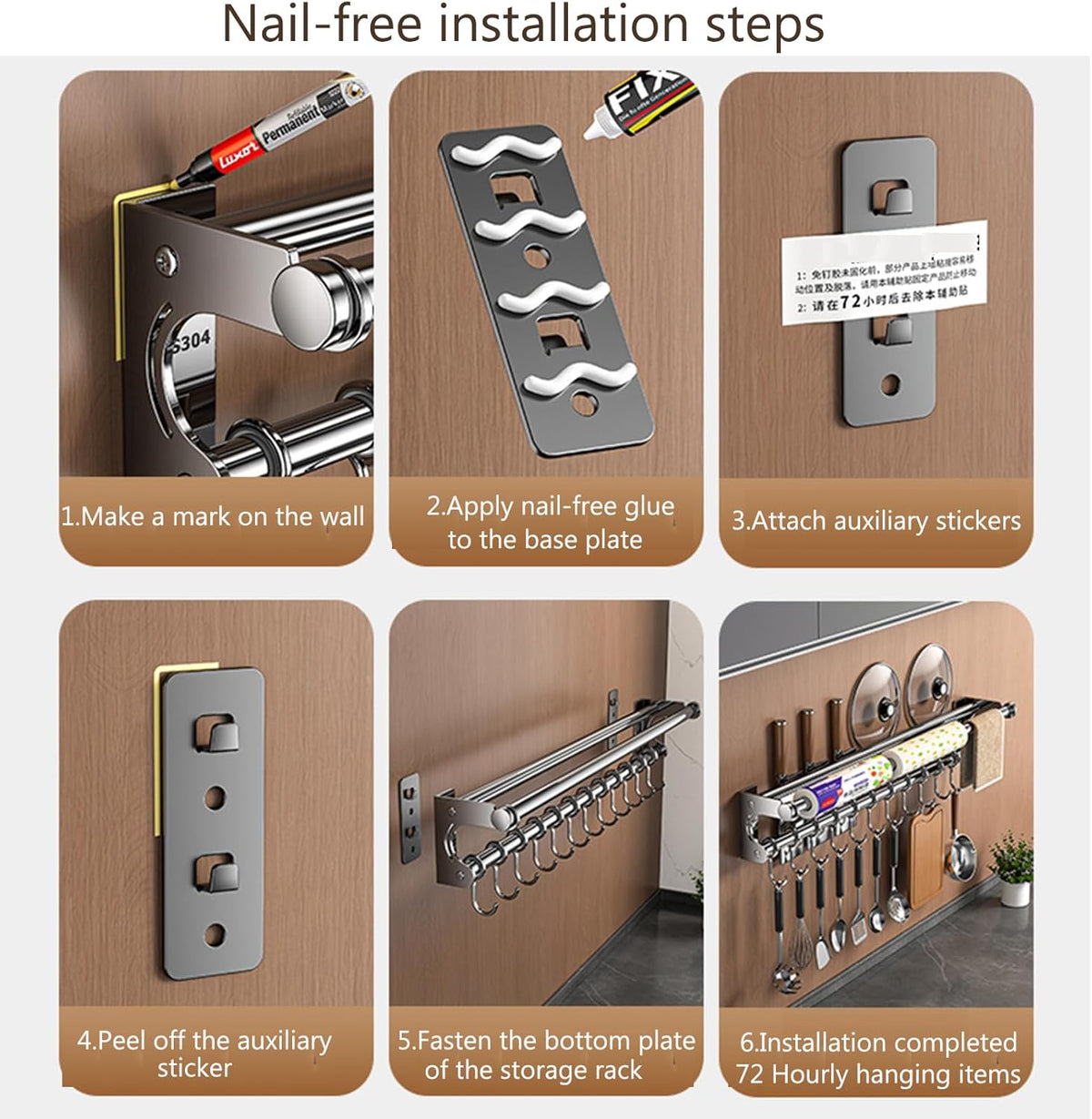 Hanging Wall Mount knife Wall Mount, Space-Saving Knife Rack with Hooks, Kitchen Organizer Storage Shelf for Utensils Spatula Spoon, Kitchen Utensil Hanger (Silver, 50CM+10Hooks)
