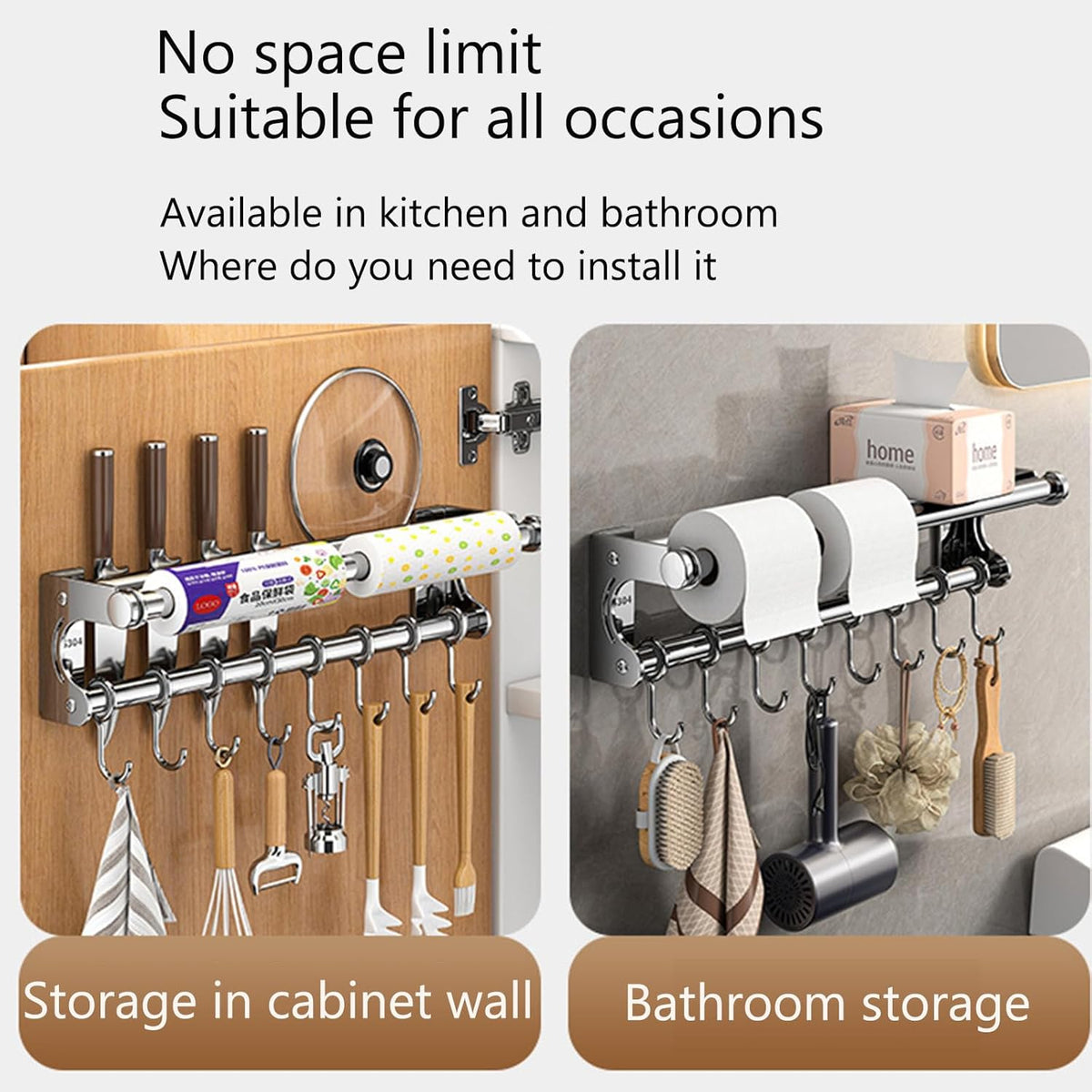 Hanging Wall Mount knife Wall Mount, Space-Saving Knife Rack with Hooks, Kitchen Organizer Storage Shelf for Utensils Spatula Spoon, Kitchen Utensil Hanger (Silver, 50CM+10Hooks)