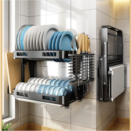 Wall Mounted Stainless Steel Dish Drying Rack, 1 Collapsible Double Layer Dish Drainer with Removable Water Tray, 1 Cutting Board Holder, 1 Knife Chopsticks Rest