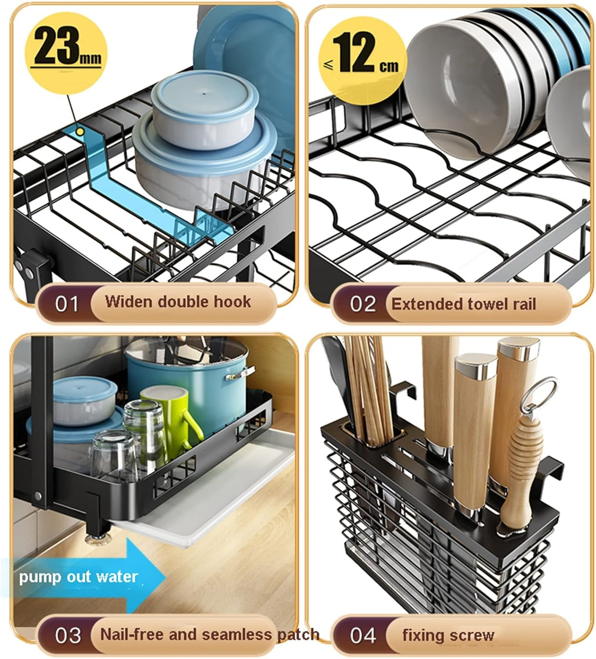 Wall Mounted Stainless Steel Dish Drying Rack, 1 Collapsible Double Layer Dish Drainer with Removable Water Tray, 1 Cutting Board Holder, 1 Knife Chopsticks Rest