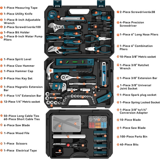 328 Piece Tool Kit For Home,Hand Repair Tool Set,Toolbox Storage Case with Drawer,General Household/Auto Tool Set,Perfect for Homeowner, DIY, Handyman (Blue and black)