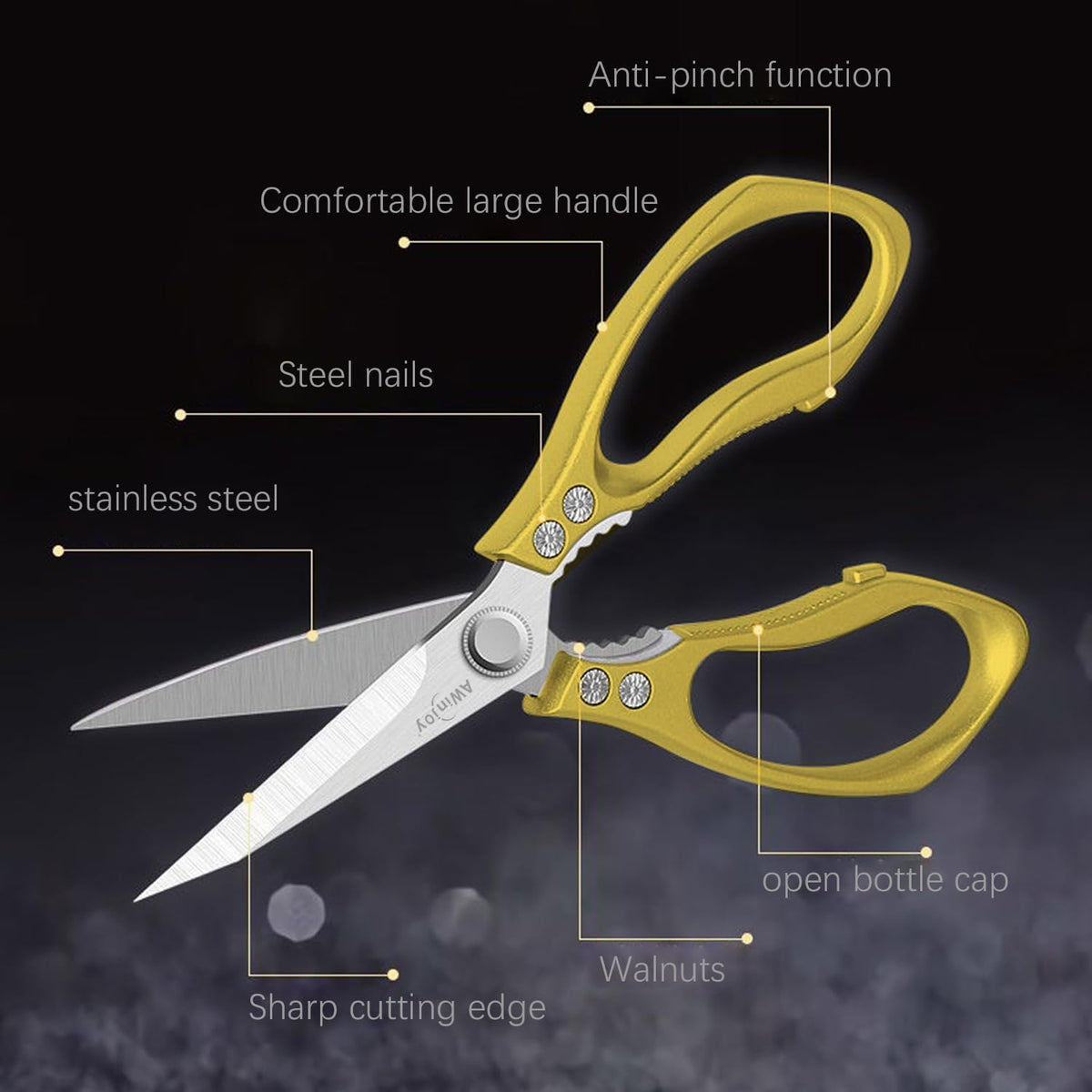 Heavy Duty Sharp Kitchen Scissors, Multipurpose Cutting Scissors for Meat, Chicken, Fish, Poultry, Herbs, Bread - Dishwasher Safe - Gift (Gold)