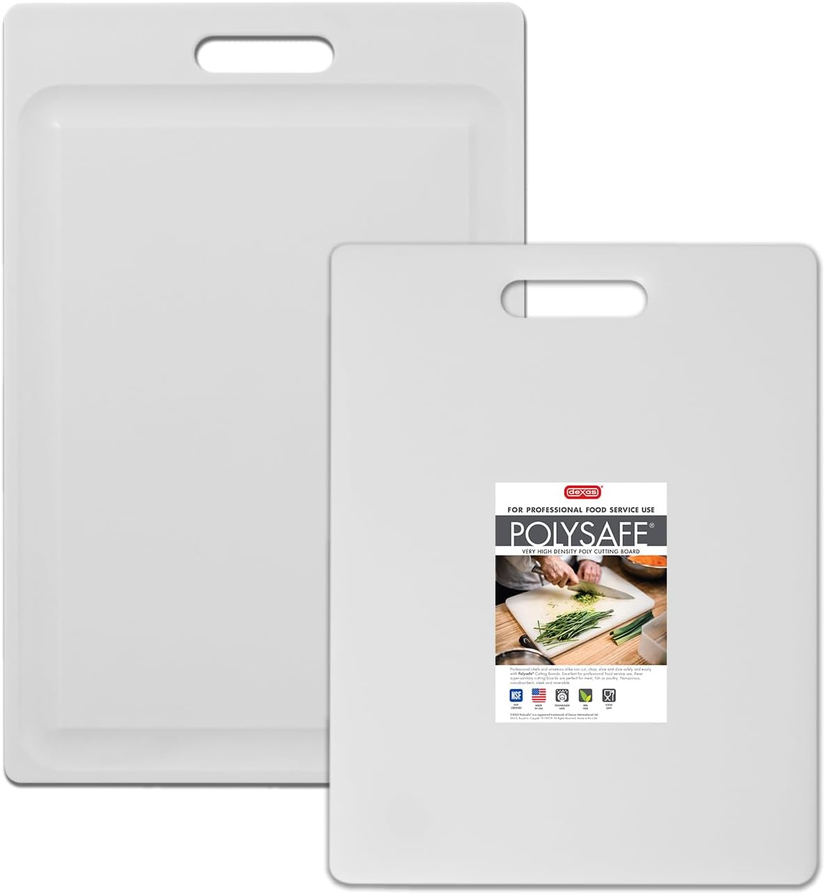 2-Pack NSF Certified Polysafe Cutting Boards, 11 x 14.5, 12 x 18 Inches, Reversible Kitchen Cutting Board with Handle and Juice Well, White