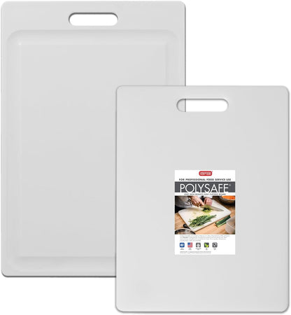 2-Pack NSF Certified Polysafe Cutting Boards, 11 x 14.5, 12 x 18 Inches, Reversible Kitchen Cutting Board with Handle and Juice Well, White