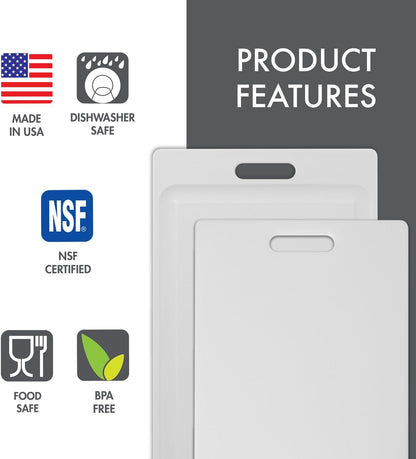 2-Pack NSF Certified Polysafe Cutting Boards, 11 x 14.5, 12 x 18 Inches, Reversible Kitchen Cutting Board with Handle and Juice Well, White