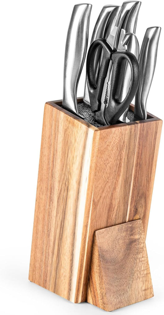 Acacia Wood Angled Knife Block with Multi-Purpose Holder – Universal Kitchen Knife Storage with Removable Bristle Insert (cinamon, regular medium)