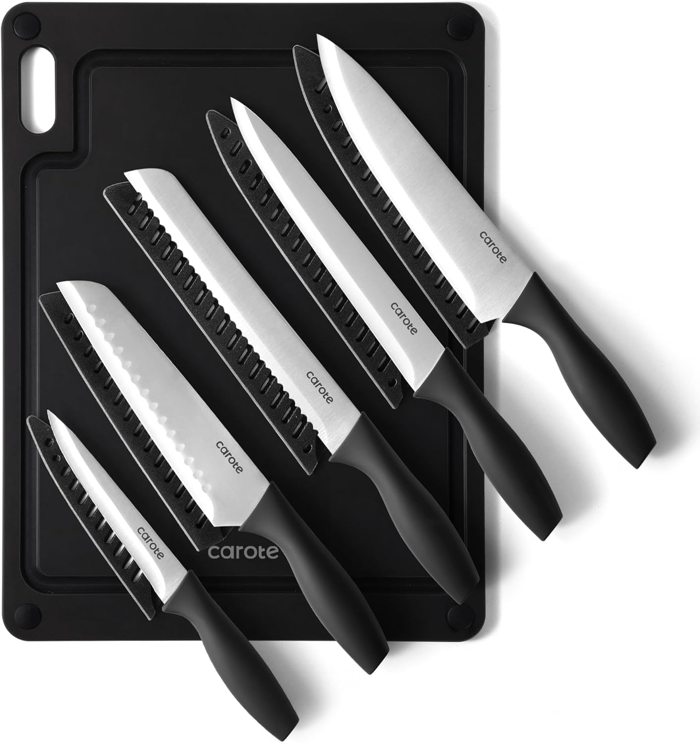 Knife Set, 11 Pcs Kitchen Knives with 5 Blade Guards & Non-Slip Cutting Board, Rustproof Stainless Steel 5 Kitchen Knife Set, Plain Black