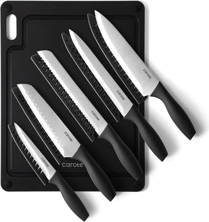 Knife Set, 11 Pcs Kitchen Knives with 5 Blade Guards & Non-Slip Cutting Board, Rustproof Stainless Steel 5 Kitchen Knife Set, Plain Black