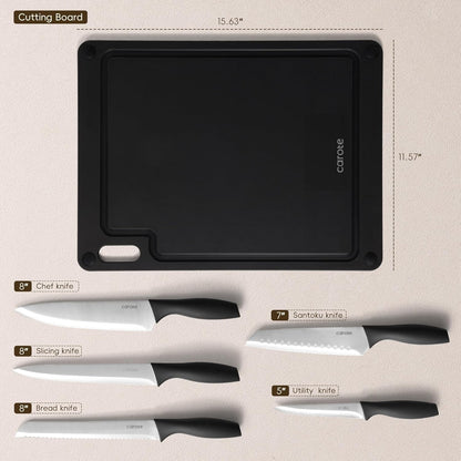 Knife Set, 11 Pcs Kitchen Knives with 5 Blade Guards & Non-Slip Cutting Board, Rustproof Stainless Steel 5 Kitchen Knife Set, Plain Black